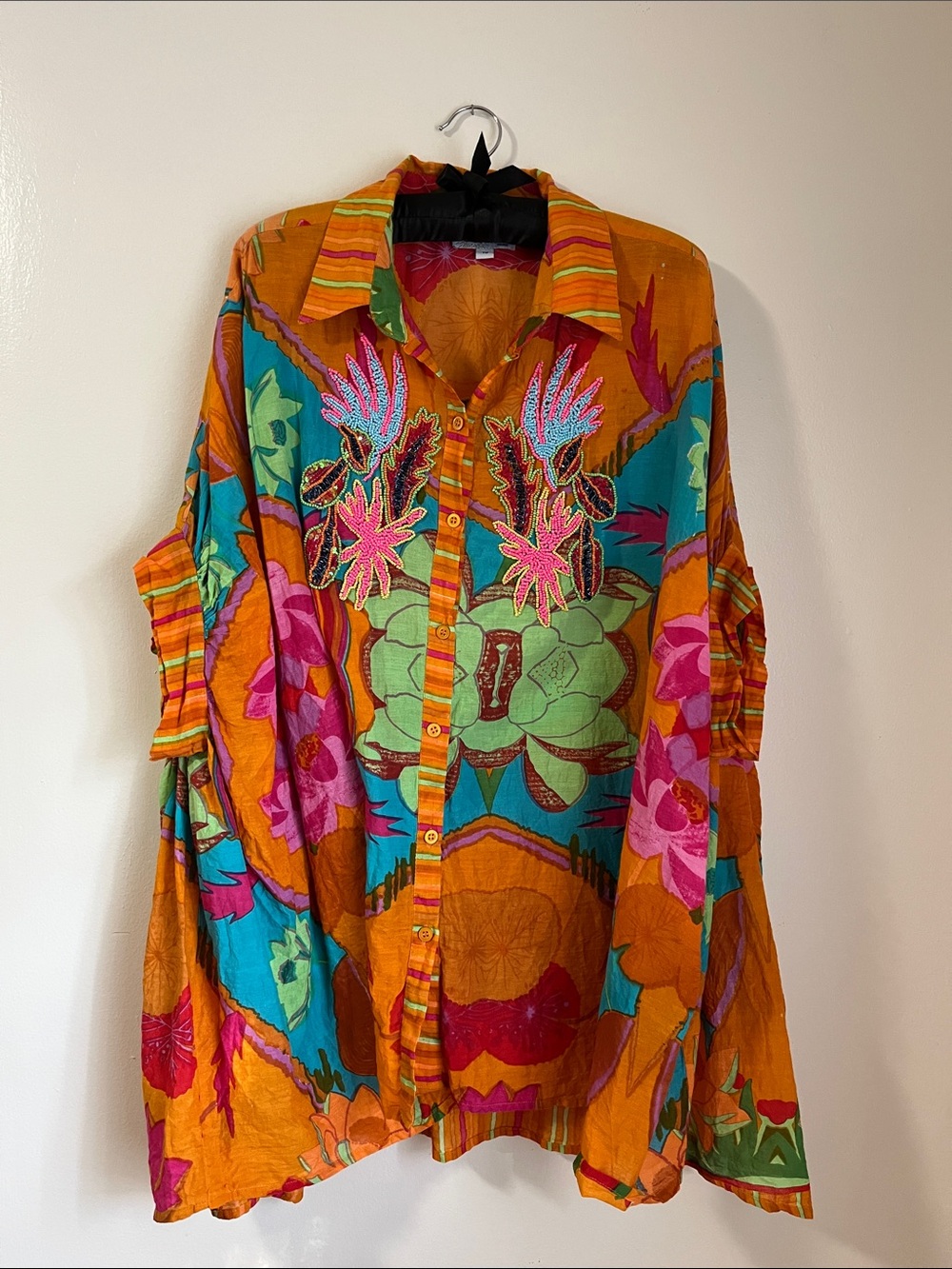 Boho Orange Floral Embroidered Button-Down Shirt
